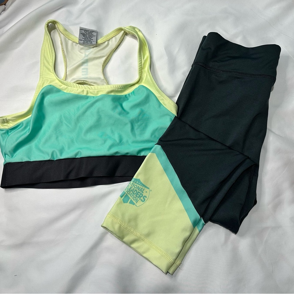 Varsity NCA cheerleading Cheer Yellow and Teal Sports Bra and Leggings Set